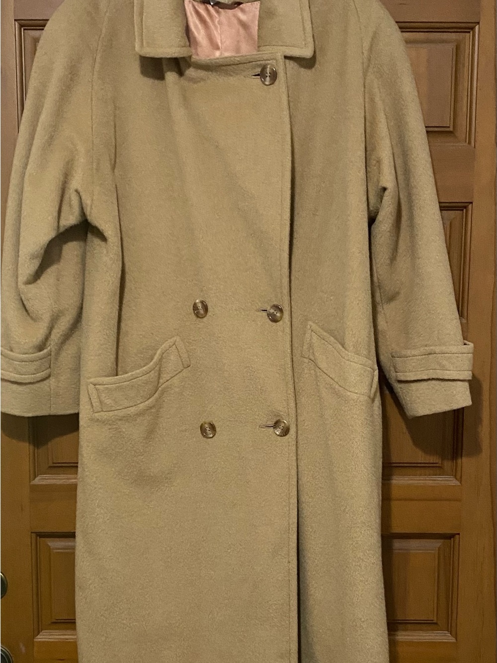 Albert Nipon Double-Breasted Long Pea Coat in Beige